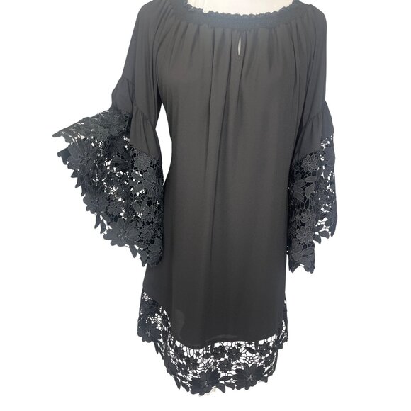 Joseph Ribkoff Dress Lace Bell Sleeves Elastic Neck Ladies Size Large Black - Picture 9 of 10